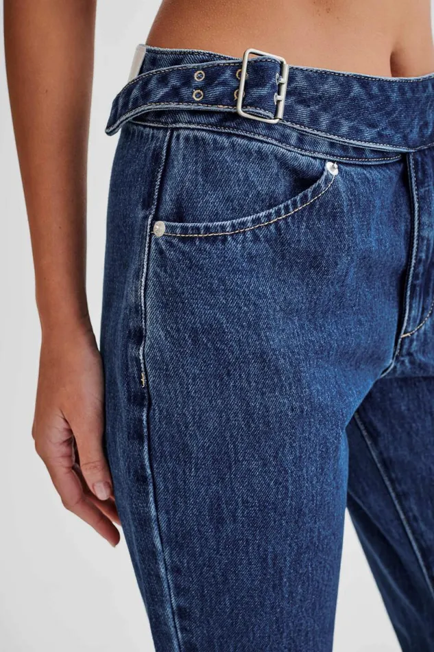 Women Meshki Bottoms Romona Low Rise Buckle Denim Jean 8211 Dark Blue