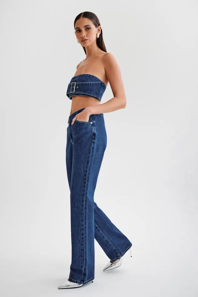 Women Meshki Bottoms Romona Low Rise Buckle Denim Jean 8211 Dark Blue
