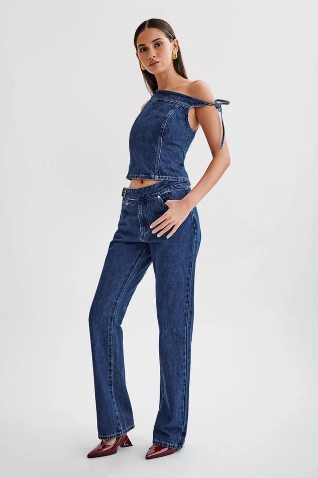 Women Meshki Bottoms Romona Low Rise Buckle Denim Jean 8211 Dark Blue