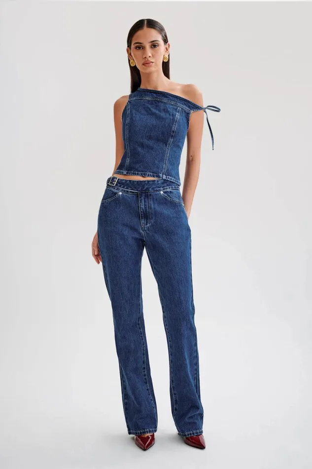 Women Meshki Bottoms Romona Low Rise Buckle Denim Jean 8211 Dark Blue