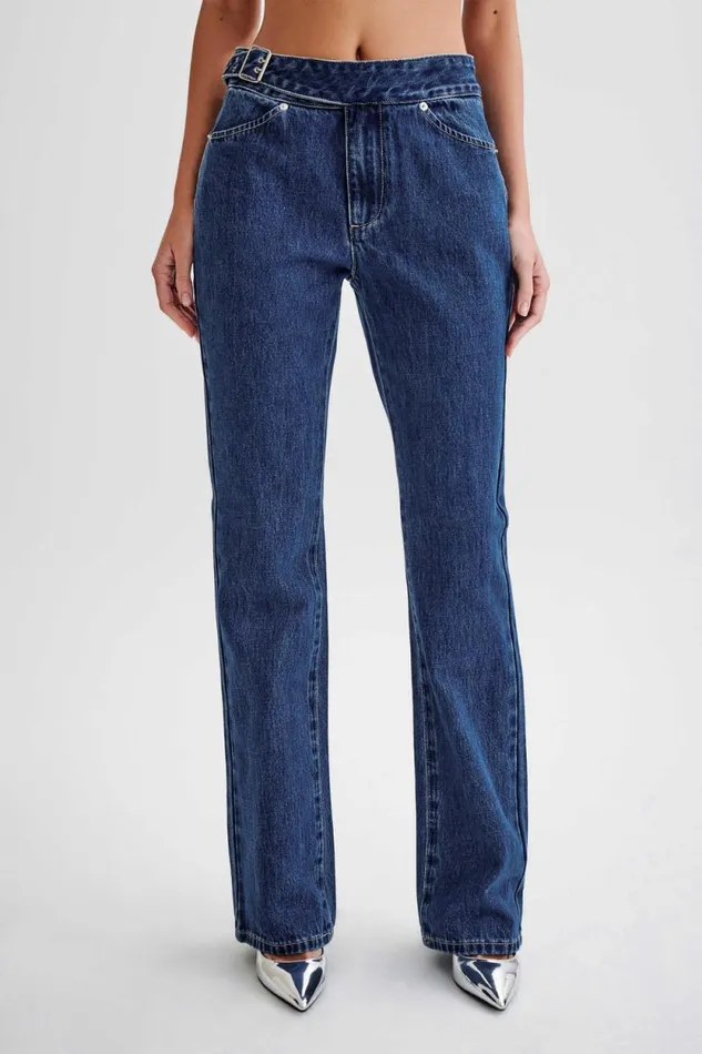 Women Meshki Bottoms Romona Low Rise Buckle Denim Jean 8211 Dark Blue