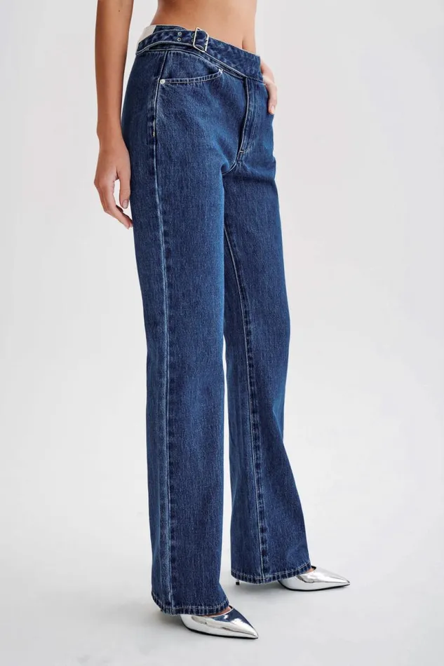 Women Meshki Bottoms Romona Low Rise Buckle Denim Jean 8211 Dark Blue