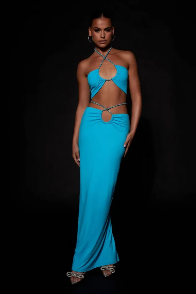 Women Meshki Bottoms Ruby Diamante Rope Ruched Maxi Skirt 8211 Cyan Blue