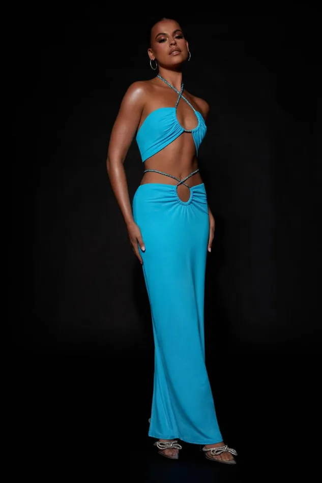 Women Meshki Bottoms Ruby Diamante Rope Ruched Maxi Skirt 8211 Cyan Blue Women Meshki Bottoms Ruby Diamante Rope Ruched Maxi Skirt 8211 Cyan Blue