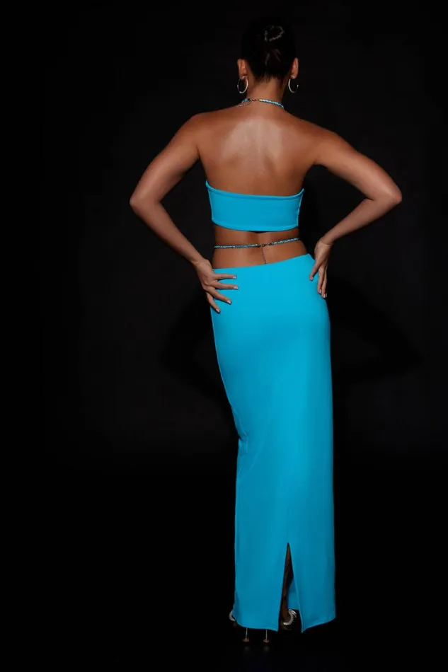 Women Meshki Bottoms Ruby Diamante Rope Ruched Maxi Skirt 8211 Cyan Blue Women Meshki Bottoms Ruby Diamante Rope Ruched Maxi Skirt 8211 Cyan Blue