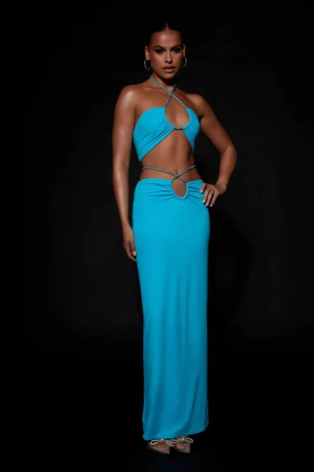 Women Meshki Bottoms Ruby Diamante Rope Ruched Maxi Skirt 8211 Cyan Blue Women Meshki Bottoms Ruby Diamante Rope Ruched Maxi Skirt 8211 Cyan Blue