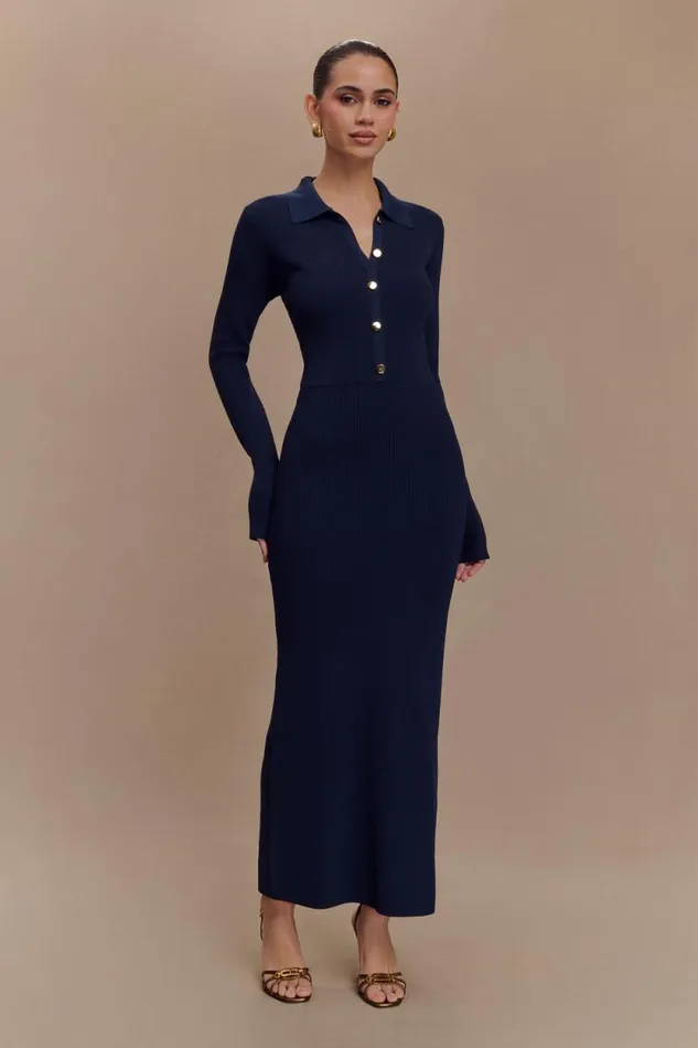 Women Meshki Dresses Abbey Buttoned Knit Midi Dress 8211 Navy