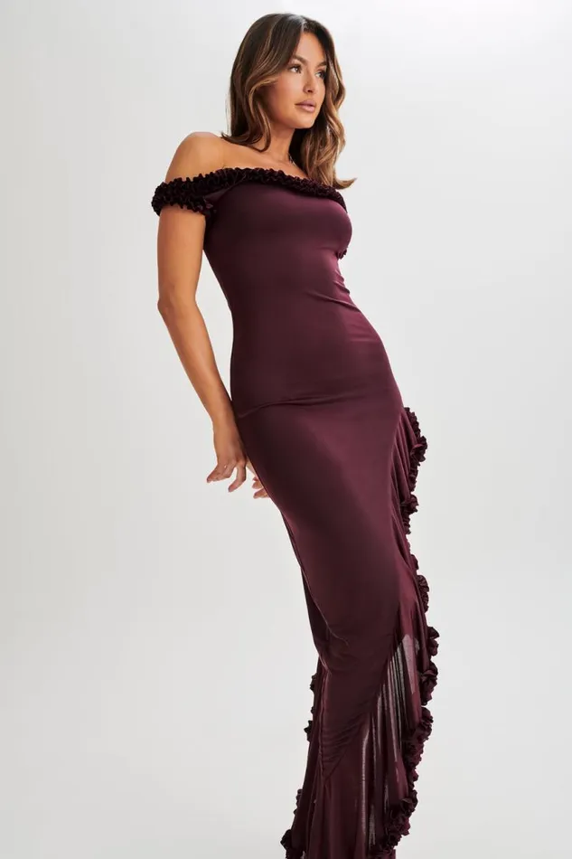 Women Meshki Dresses Arielle Off Shoulder Ruffle Midi Dress 8211 Plum