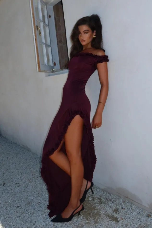 Women Meshki Dresses Arielle Off Shoulder Ruffle Midi Dress 8211 Plum