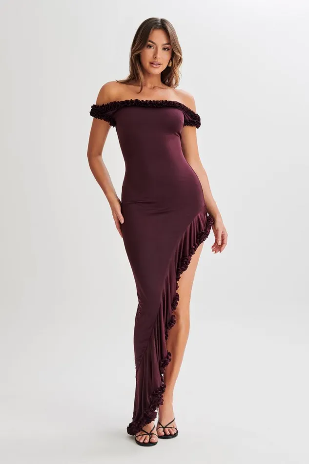Women Meshki Dresses Arielle Off Shoulder Ruffle Midi Dress 8211 Plum
