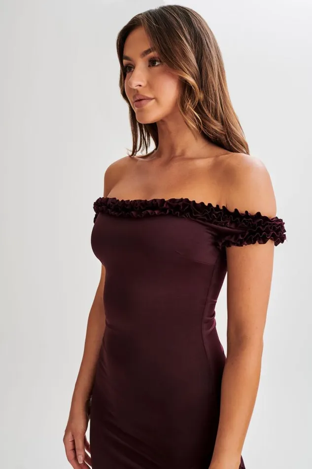 Women Meshki Dresses Arielle Off Shoulder Ruffle Midi Dress 8211 Plum