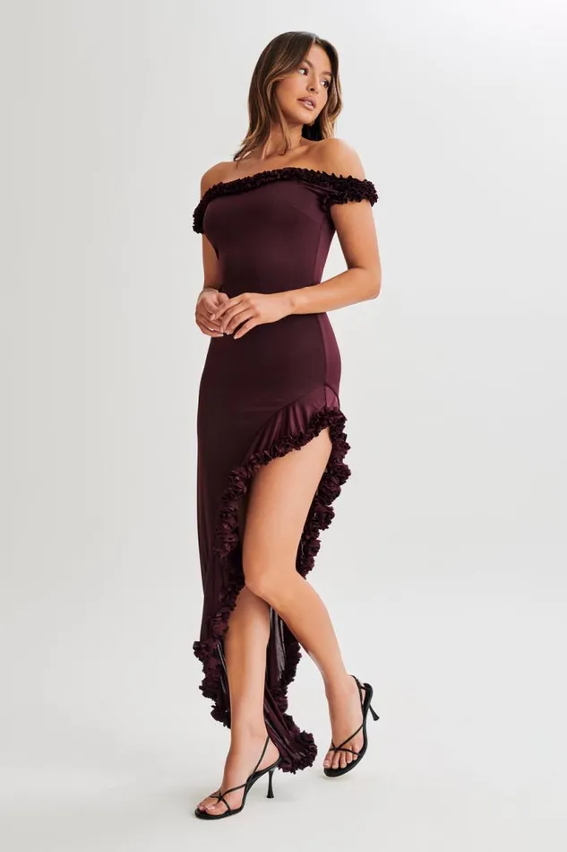 Women Meshki Dresses Arielle Off Shoulder Ruffle Midi Dress 8211 Plum