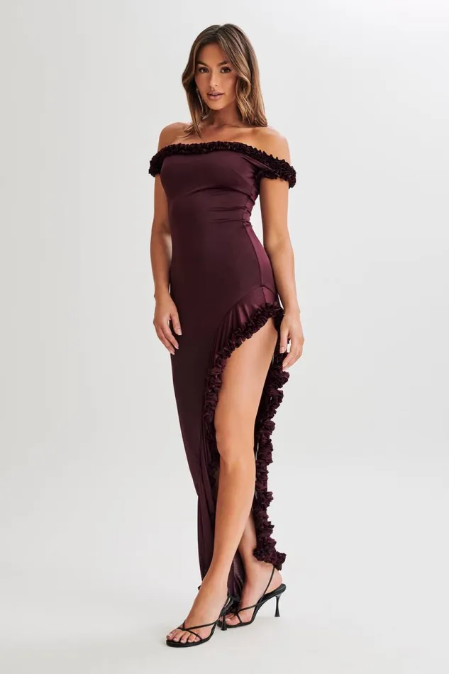 Women Meshki Dresses Arielle Off Shoulder Ruffle Midi Dress 8211 Plum