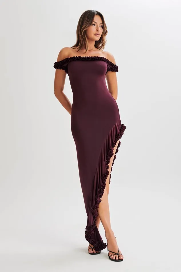 Women Meshki Dresses Arielle Off Shoulder Ruffle Midi Dress 8211 Plum