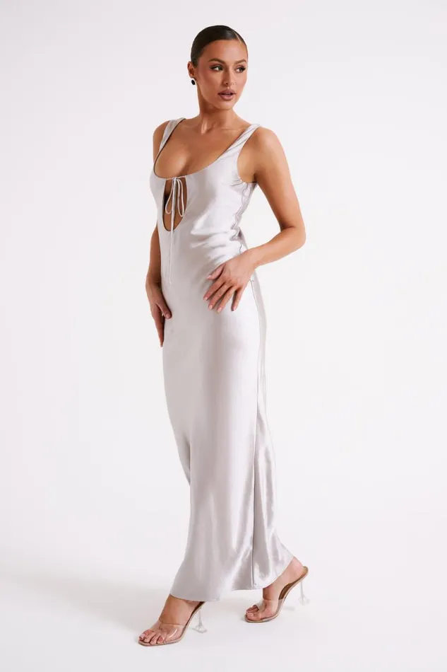 Women Meshki Dresses Aubrie Keyhole Satin Maxi Dress 8211 Silver