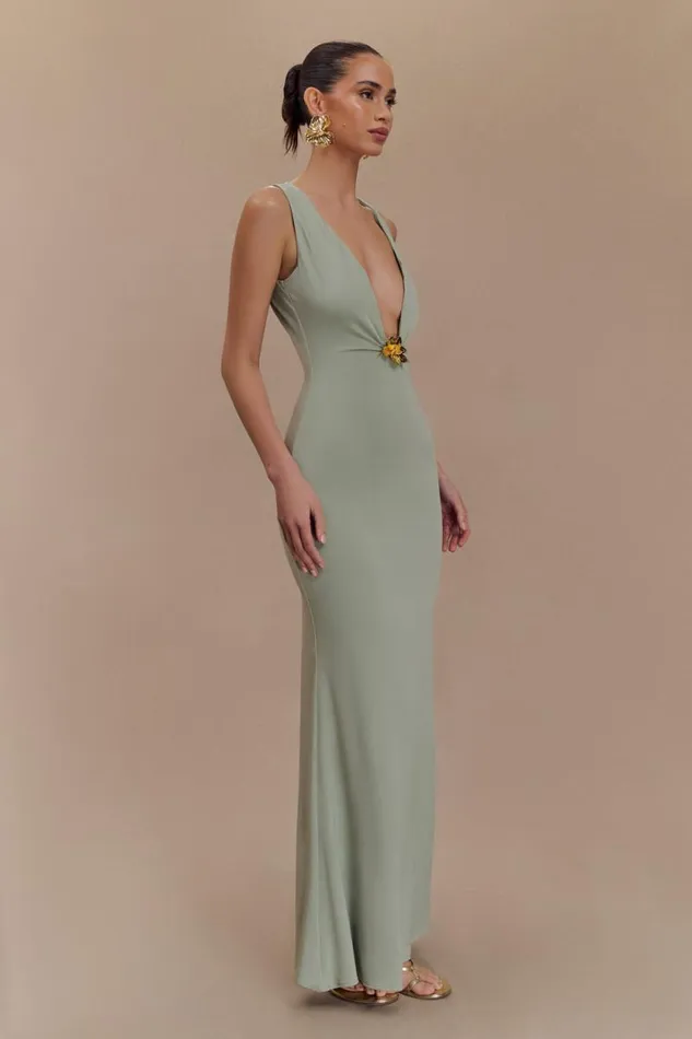 Women Meshki Dresses Beck Plunge Maxi Dress With Floral Hardware 8211 Basil
