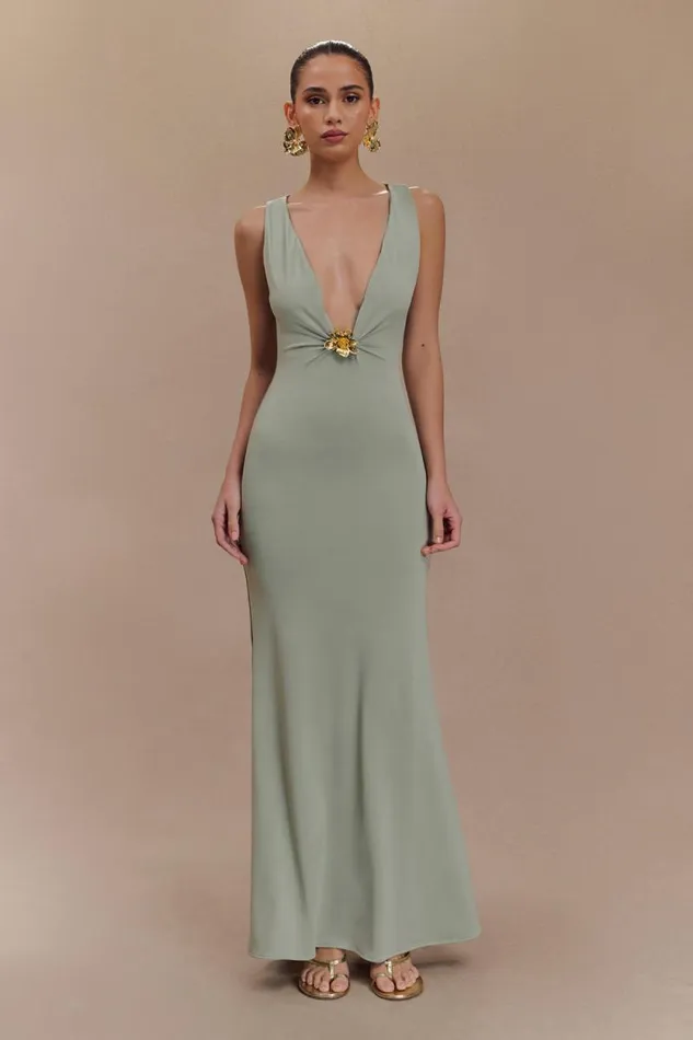 Women Meshki Dresses Beck Plunge Maxi Dress With Floral Hardware 8211 Basil