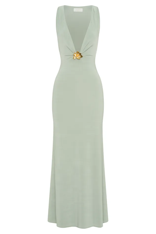 Women Meshki Dresses Beck Plunge Maxi Dress With Floral Hardware 8211 Basil