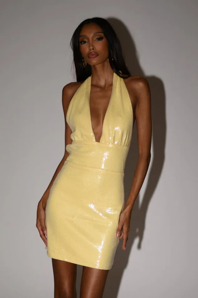 Women Meshki Dresses Carleigh Sequin Halter Mini Dress 8211 Lemon