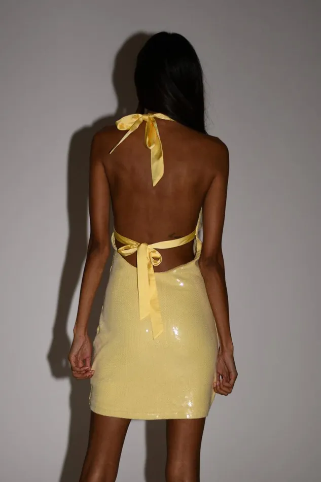 Women Meshki Dresses Carleigh Sequin Halter Mini Dress 8211 Lemon
