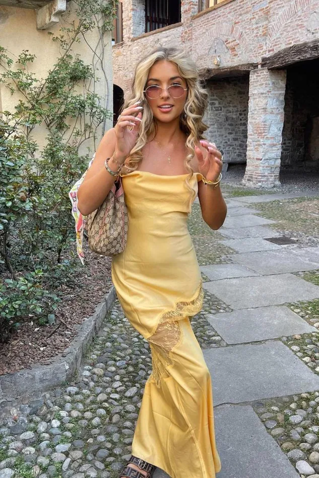 Women Meshki Dresses Chandra Lace Detail Satin Maxi Dress 8211 Lemon