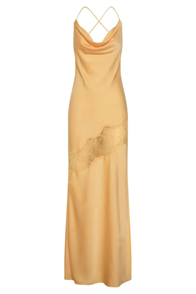 Women Meshki Dresses Chandra Lace Detail Satin Maxi Dress 8211 Lemon