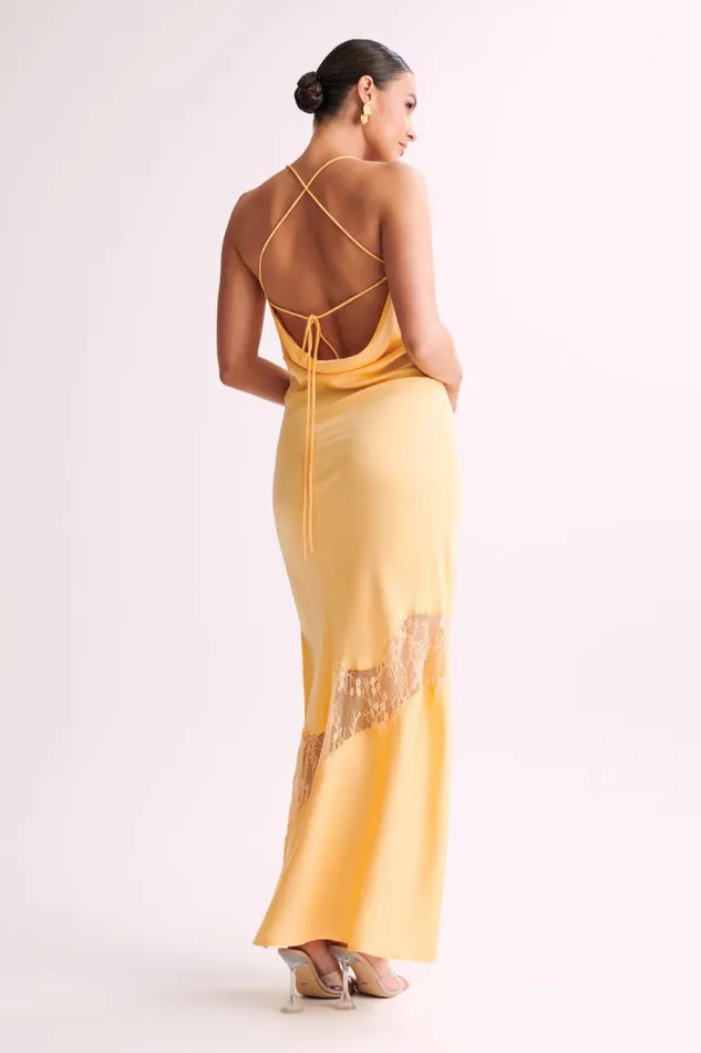 Women Meshki Dresses Chandra Lace Detail Satin Maxi Dress 8211 Lemon