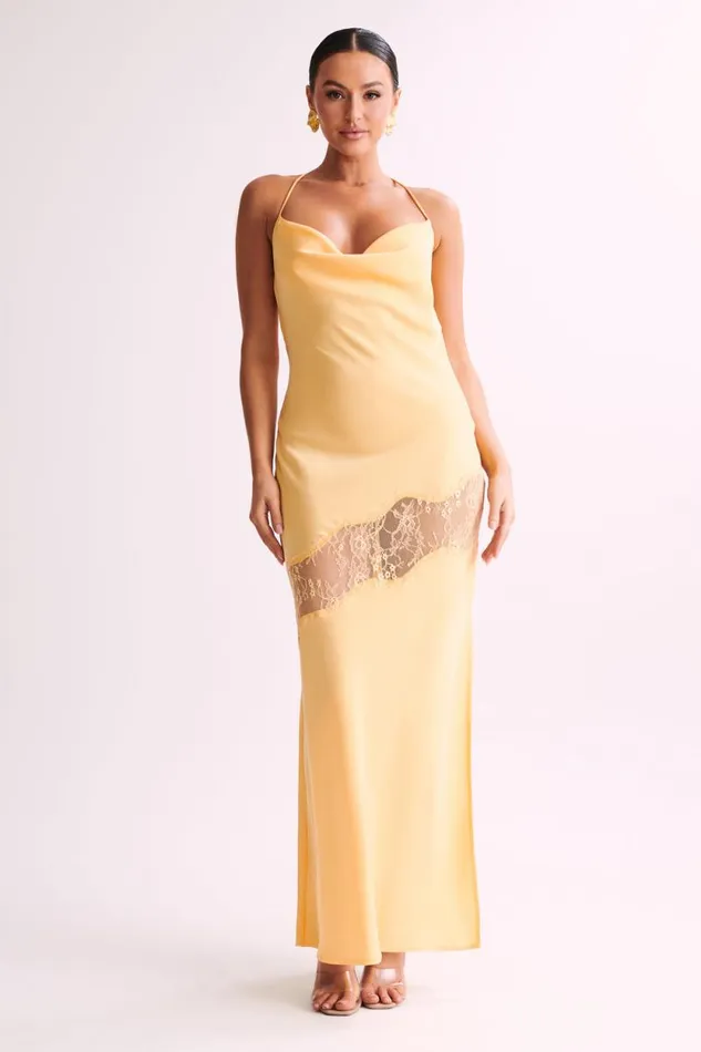Women Meshki Dresses Chandra Lace Detail Satin Maxi Dress 8211 Lemon