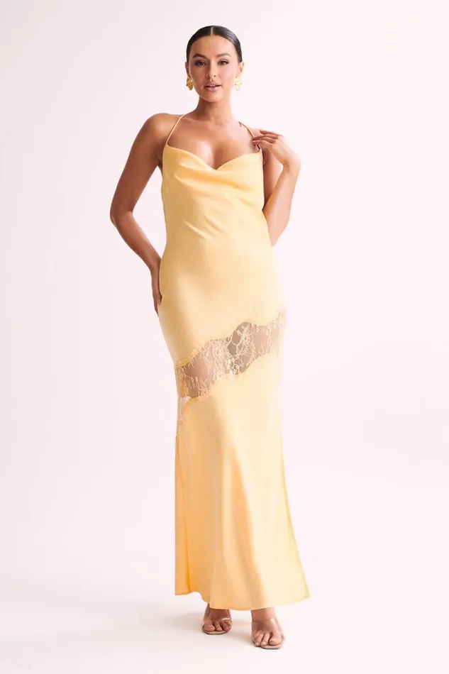 Women Meshki Dresses Chandra Lace Detail Satin Maxi Dress 8211 Lemon