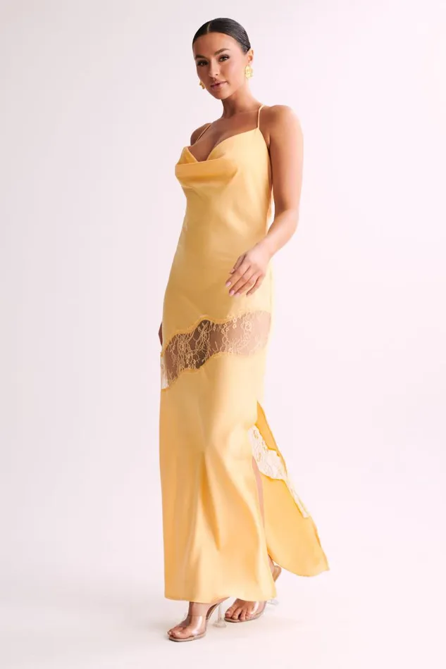 Women Meshki Dresses Chandra Lace Detail Satin Maxi Dress 8211 Lemon