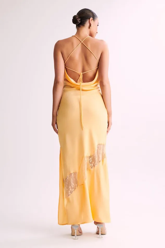 Women Meshki Dresses Chandra Lace Detail Satin Maxi Dress 8211 Lemon