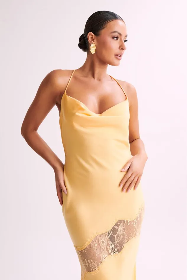 Women Meshki Dresses Chandra Lace Detail Satin Maxi Dress 8211 Lemon