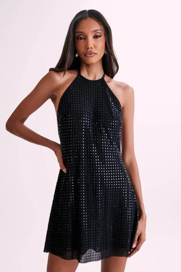 Women Meshki Dresses Dorothy Square Diamante Halter Mini Dress 8211 Black