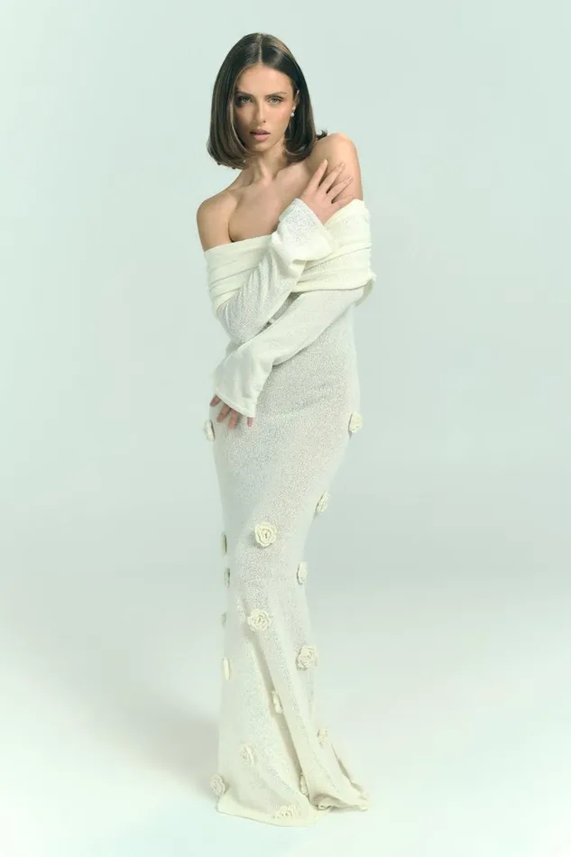 Women Meshki Dresses Kiki Off Shoulder Knit Rose Maxi Dress 8211 Ivory