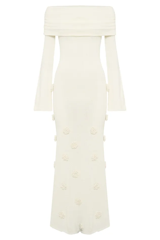 Women Meshki Dresses Kiki Off Shoulder Knit Rose Maxi Dress 8211 Ivory