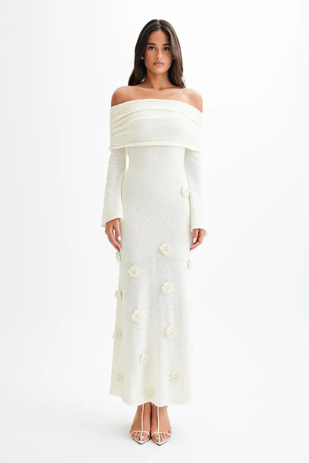 Women Meshki Dresses Kiki Off Shoulder Knit Rose Maxi Dress 8211 Ivory