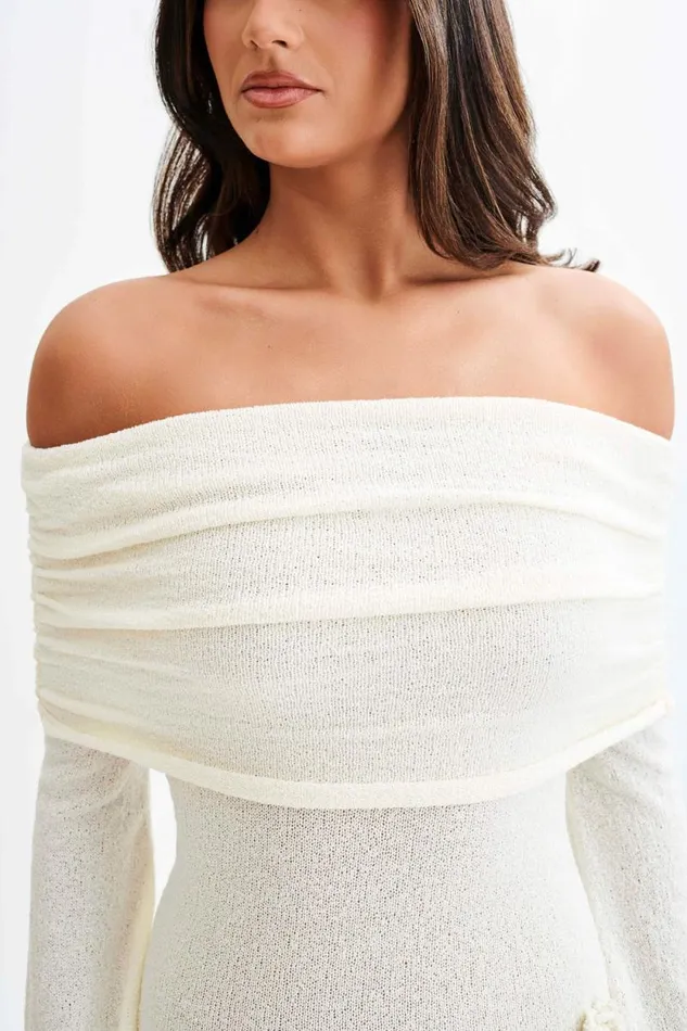 Women Meshki Dresses Kiki Off Shoulder Knit Rose Maxi Dress 8211 Ivory