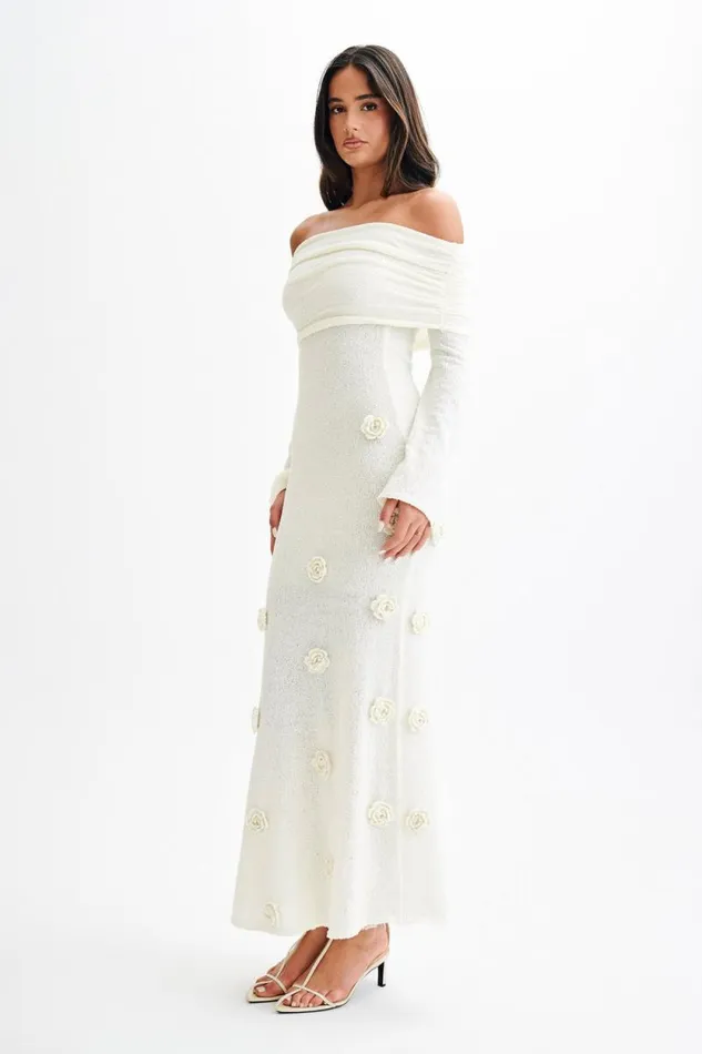Women Meshki Dresses Kiki Off Shoulder Knit Rose Maxi Dress 8211 Ivory
