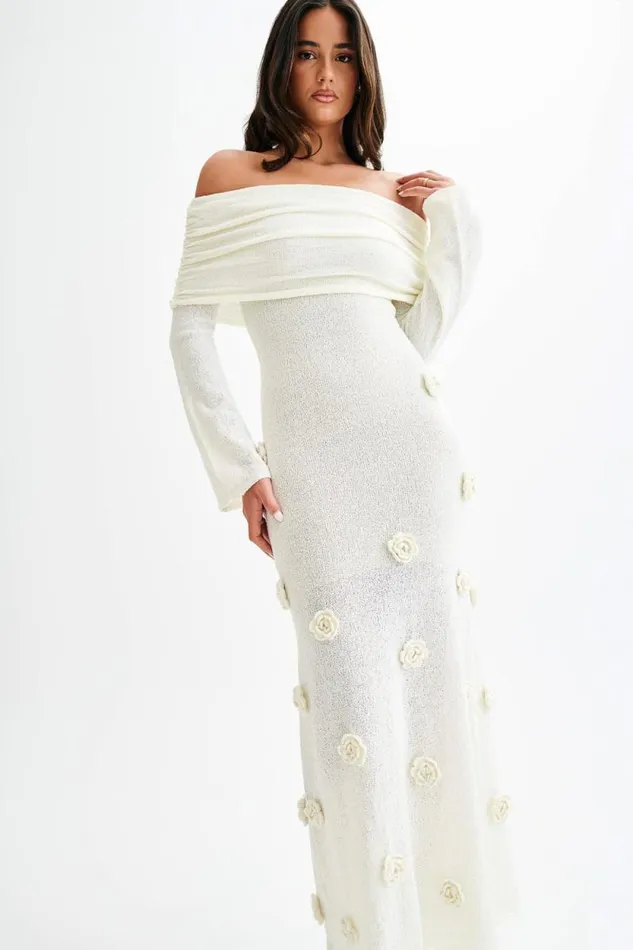 Women Meshki Dresses Kiki Off Shoulder Knit Rose Maxi Dress 8211 Ivory