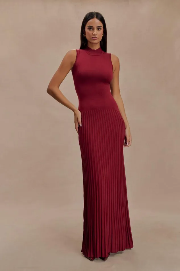 Women Meshki Dresses Mavis High Neck Pleated Maxi Dress 8211 Mahogany