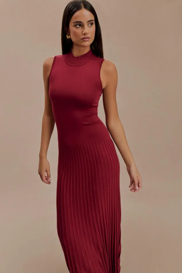 Women Meshki Dresses Mavis High Neck Pleated Maxi Dress 8211 Mahogany