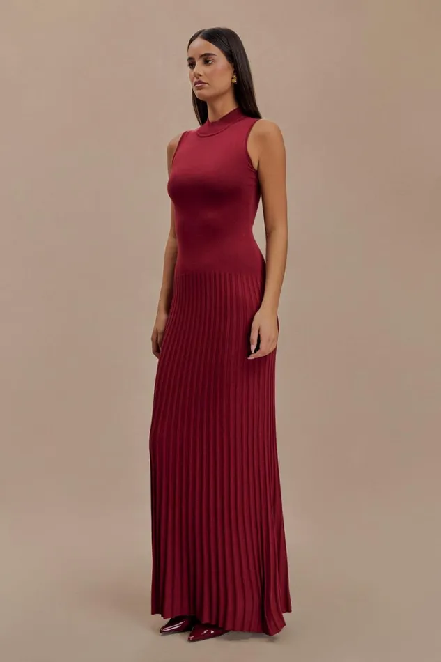 Women Meshki Dresses Mavis High Neck Pleated Maxi Dress 8211 Mahogany
