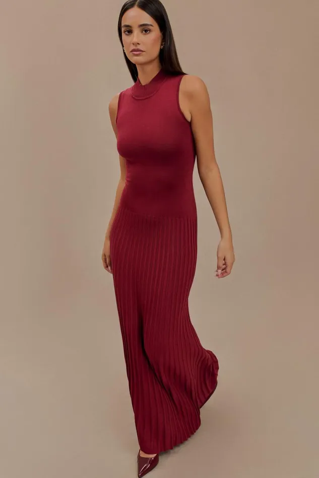 Women Meshki Dresses Mavis High Neck Pleated Maxi Dress 8211 Mahogany