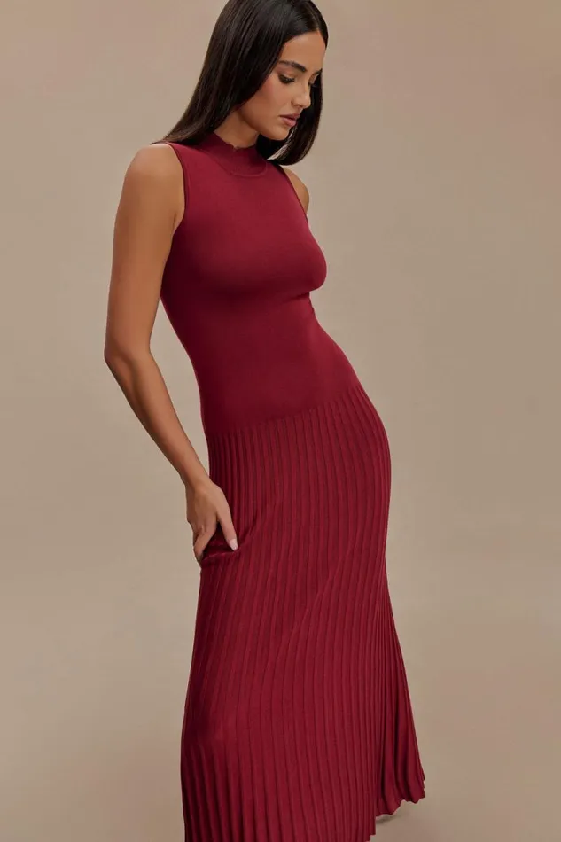 Women Meshki Dresses Mavis High Neck Pleated Maxi Dress 8211 Mahogany