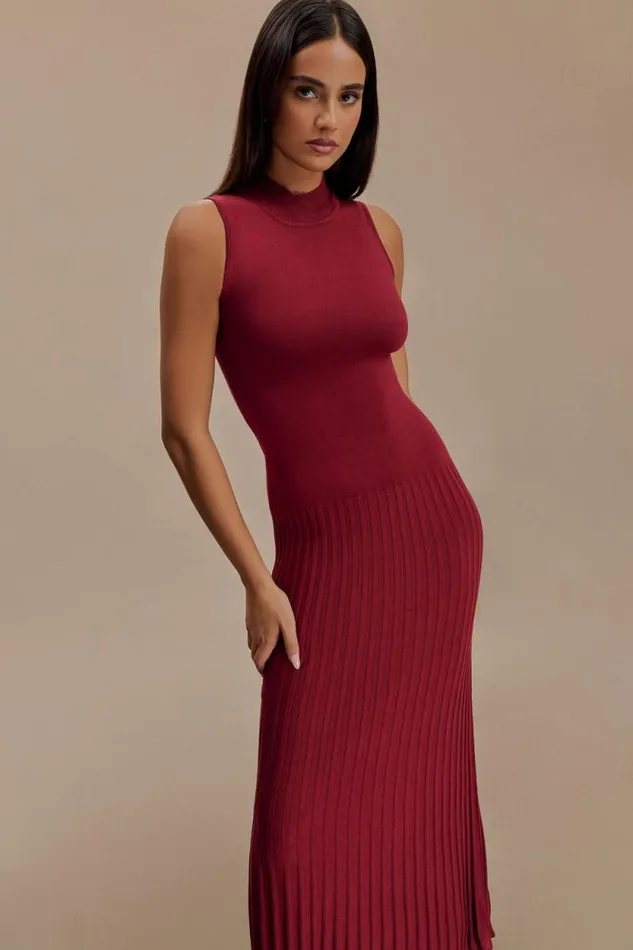 Women Meshki Dresses Mavis High Neck Pleated Maxi Dress 8211 Mahogany