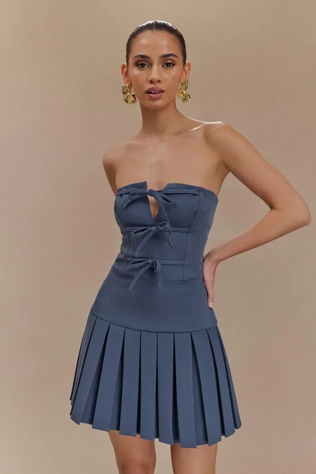 Women Meshki Dresses Naya Pleated Mini Dress With Ties 8211 Steel
