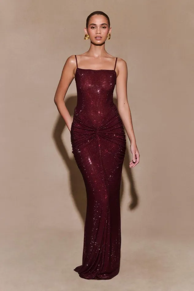 Women Meshki Dresses Roisin Diamante Satin Maxi Dress 8211 Mahogany