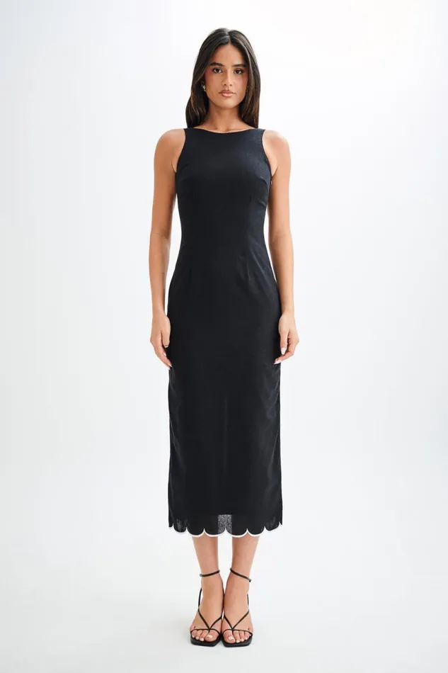 Women Meshki Dresses Sofiane Scalloped Linen Midi Dress 8211 Black