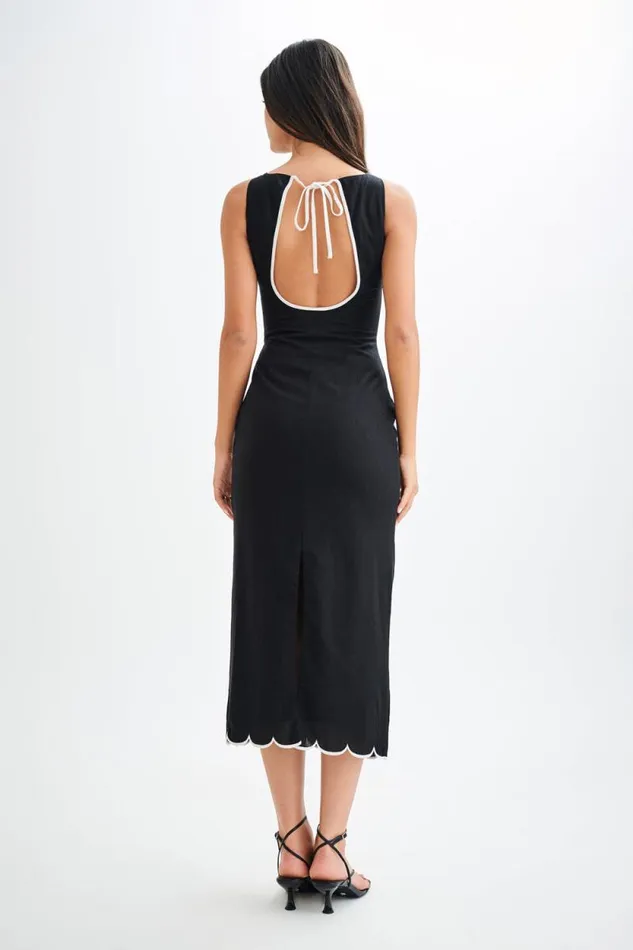 Women Meshki Dresses Sofiane Scalloped Linen Midi Dress 8211 Black