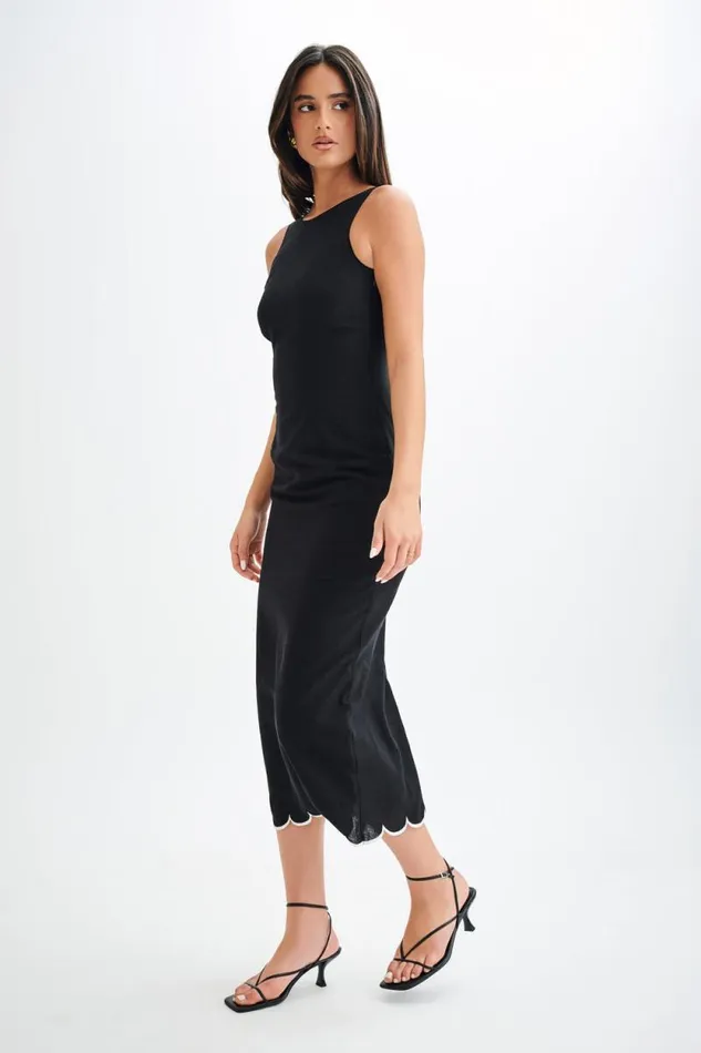 Women Meshki Dresses Sofiane Scalloped Linen Midi Dress 8211 Black